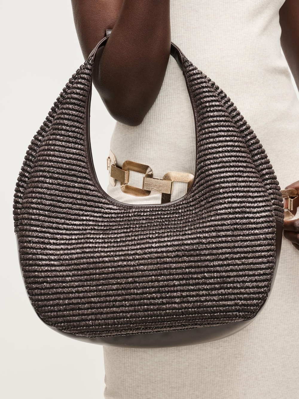 Zoey Tote Woven Crescent Women Shoulder Bag in Chocolate Sculptural Woven Hobo - Picture 1 of 5